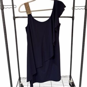 Betsy & Adam Midnight Blue One-Shoulder Dress with Gold Detail